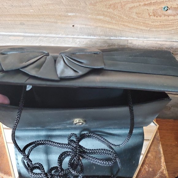 Satin Evening Purse - Black Bow, Snap Closure, Rope Handle - Picture 6 of 10